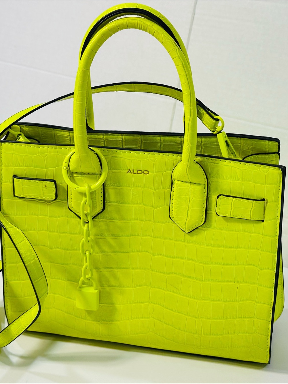 ALDO Neon Yellow Croc-Embossed Tote with Chain Charm